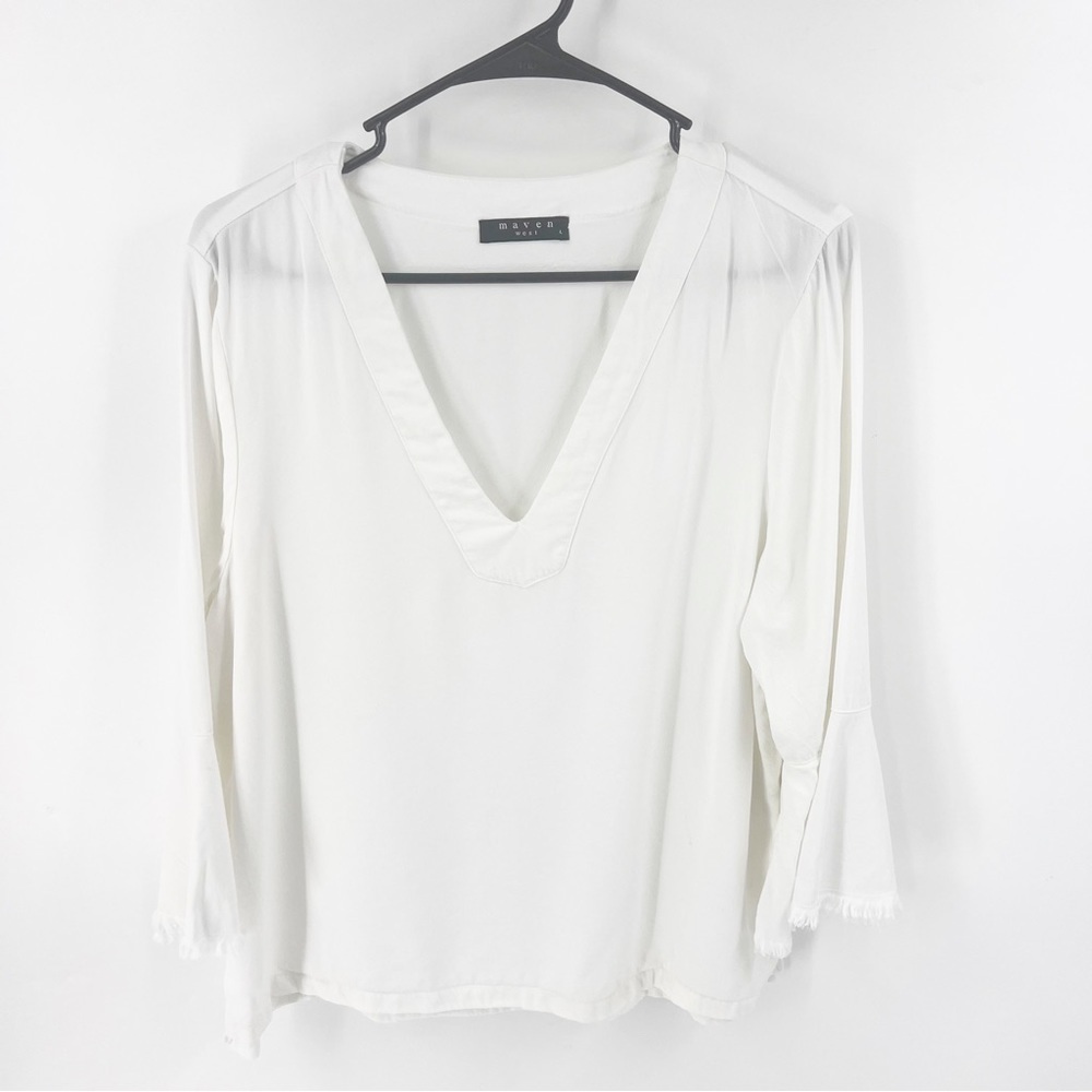 ✅ MAVEN WEST WHITE BELL SLEEVE TOP WITH RAW HEM- SIZE LARGE